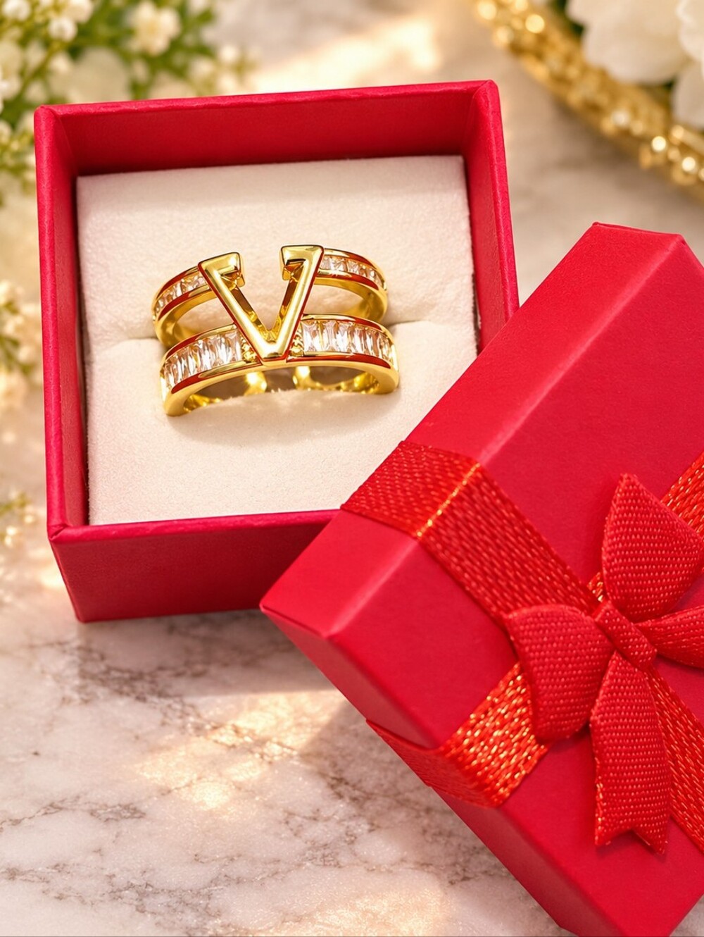 Gold Tone V Letter Ring • Sparkling CZ Baguette Statement Designer Inspired Ring